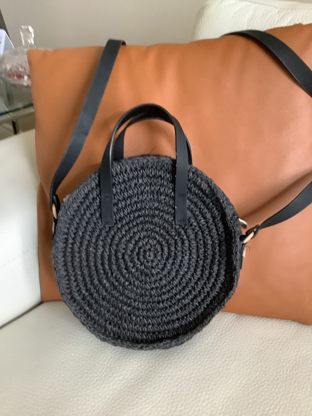 H&M Black Round Woven Crossbody Bag with Top Handles